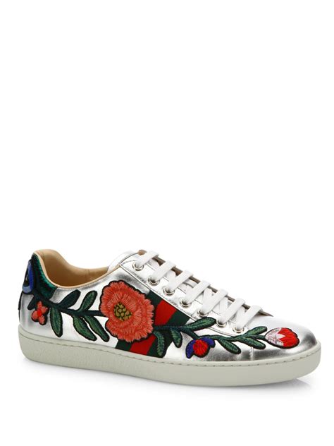 gucci sneakers flower embroidered|Gucci ace metallic snakeskin sneakers.